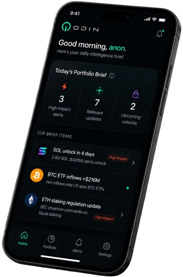 Odin app on iPhone showing personalized crypto updates